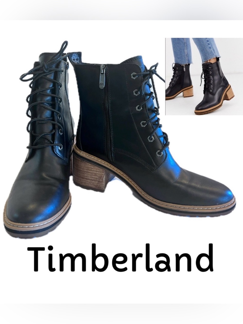 Timberland Women's Sienna Black Side Zip Lace-Up Boots Waterproof Block Heel 9.5